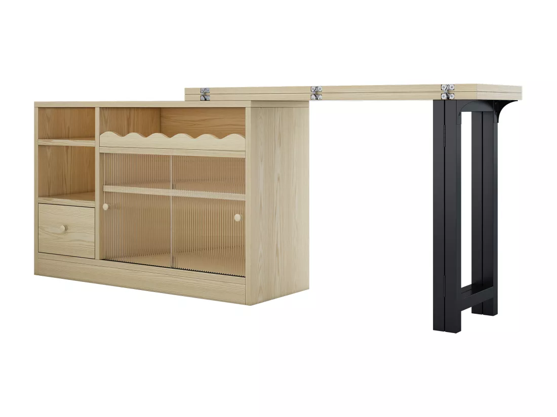 Meuble de bar、Buffet avec table pliante escamotable - grand espace de rangement - Naturel & Noir