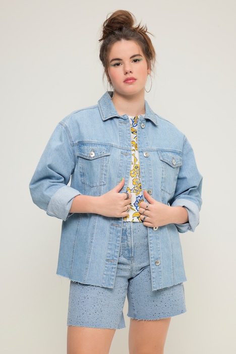 Jeansjacke, Boxy Shape, Glitzersteinchen, Hemdkragen, Langarm