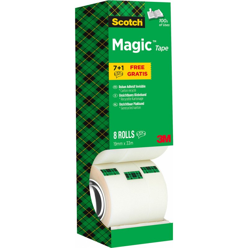 Pack de 7 rubans adhésif Scotch Magic invisible - Largeur 19 mm x longueur 33 m + 1 OFFERT = Pour l'achat d'un pack de 7 rubans, 1 sachet de M&M OFFERT