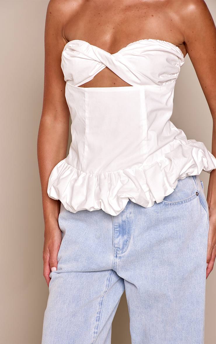 Blanc Top Bandeau Bustier Torsadé À Ourlet Bouffant En Tissu Tissé