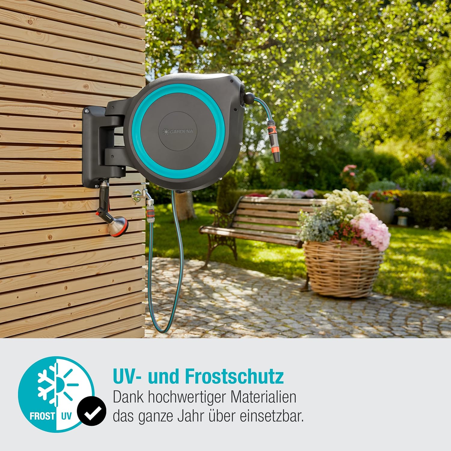 Gardena Wand-Schlauchbox RollUp XL (türkis) 35 m: flexible Bewässerung für große Gärten, Schwenkbare Schlauchbox, inkl. 35 m Gardena Qualitätsschlauch und Montagehilfe (18630-20)