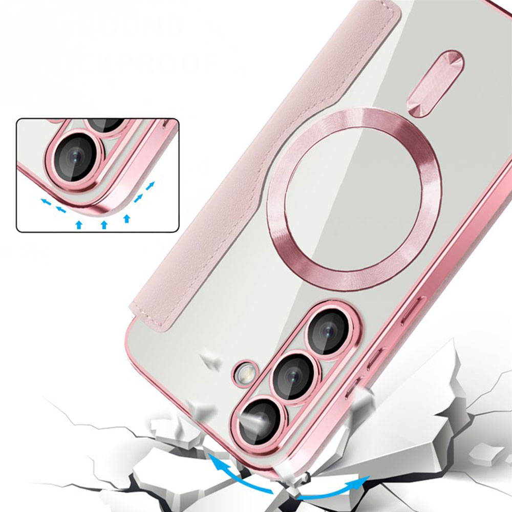 Samsung Galaxy S25  Plus Hybrid Leder Tasche   Kunststoff Rückseite MagSafe-Modul (RFID Schutz) - Rosa / Transparent