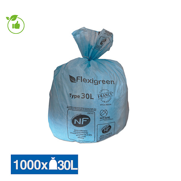 Sac poubelle bleu Flexigreen 30 L, lot de 1000