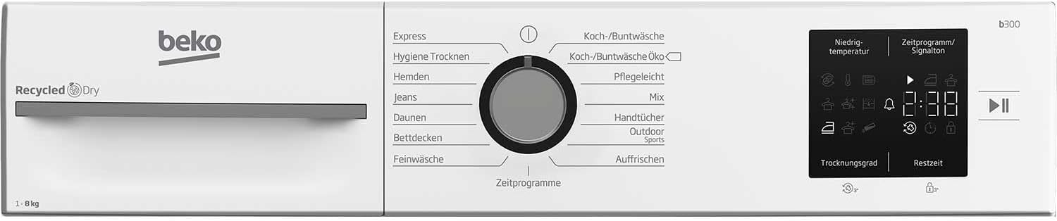 Beko BM3T38220X Wäschetrockner, 8 kg, Frontlader Wärmepumpentrockner, 15 Programme, Sensortrocknung, Säulenfähig, Aquawave Schontrommel, Weiß