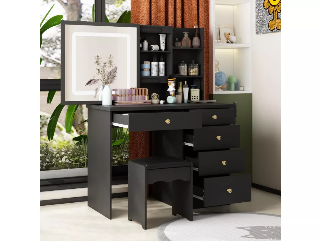 Coiffeuse avec éclairage miroir tabouret et étagères supports et 5 tiroirs 100x136x50cm Noir
