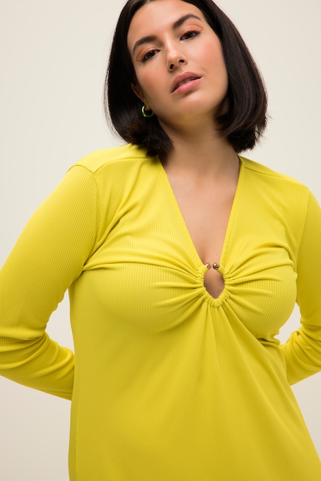 Midikleid, A-Line, Ripp-Jersey, V-Ausschnitt, Zierring, Langarm