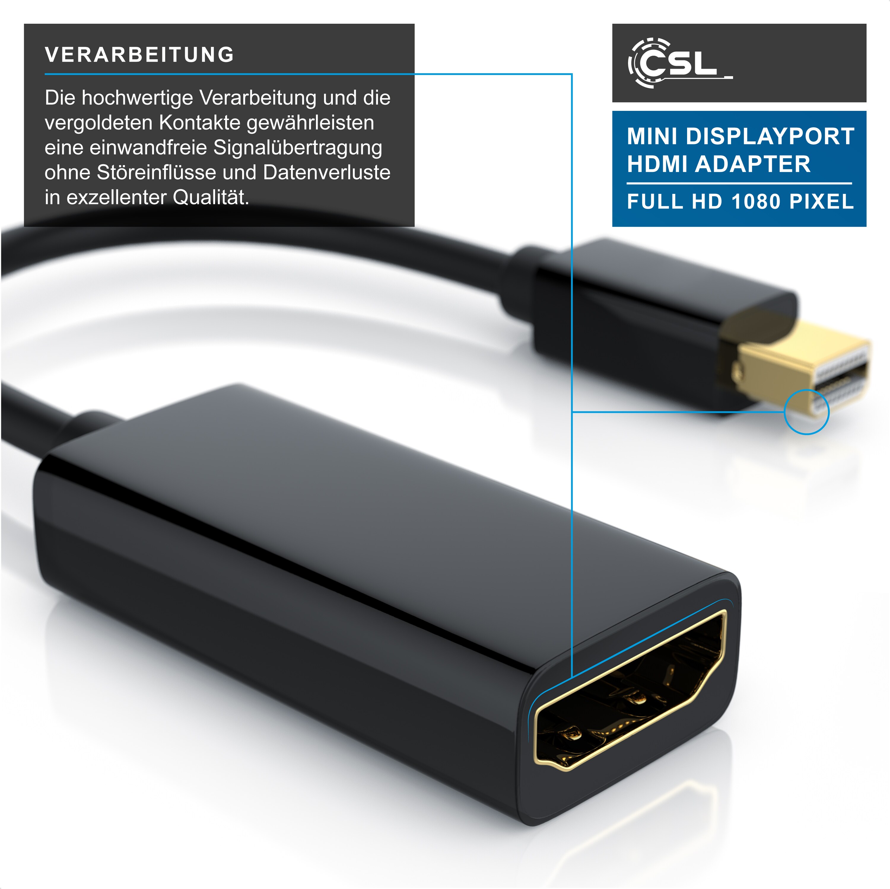 CSL Mini DisplayPort zu HDMI Adapter, Full HD MiniDP zu HDMI Buchse Konverter / Adapterkabe