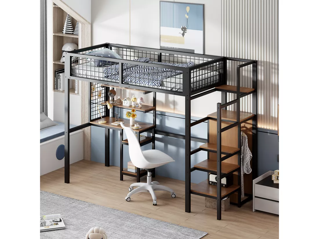 Noir 90x200 lits superposés avec échelle de sécurité lit d'enfant avec armoire en fer et Bureau d'ordinateur