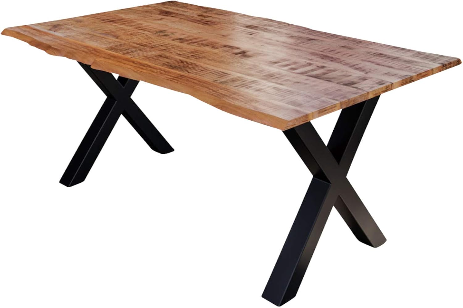 SAM Esstisch Dora 160 x 85 cm, Mangoholz massiv, lackiert & naturfarben, Baumkantentisch mit X-Metallgestell in Mattschwarz, echte Baumkante, 26 mm