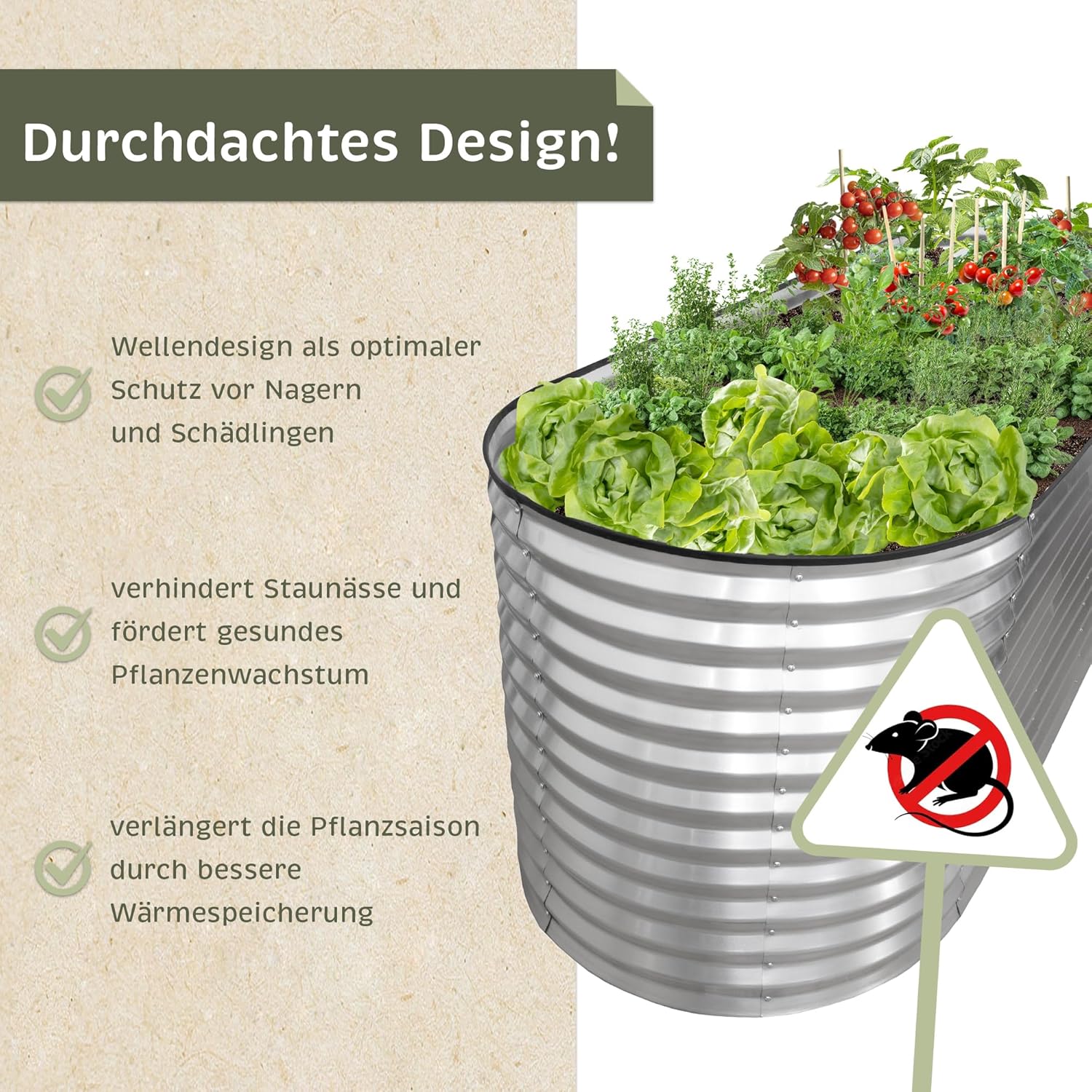 NATIV Hochbeet Metall 240x80x78 cm oval, galvanisiert, wetterfestes Garten Hochbeet mit Bodengitter gegen Wühlmäuse und Kantenschutz, stabiles Pflanzbeet für Gemüse, Kräuter und Blumen im Außenbereich