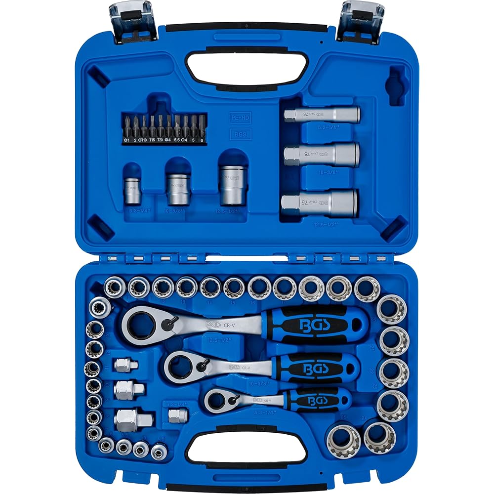BGS 2181 | Coffret de douilles avec cliquet traversant | Gear Lock | 4,5 à 25 mm | 52 pièces : Bricolage