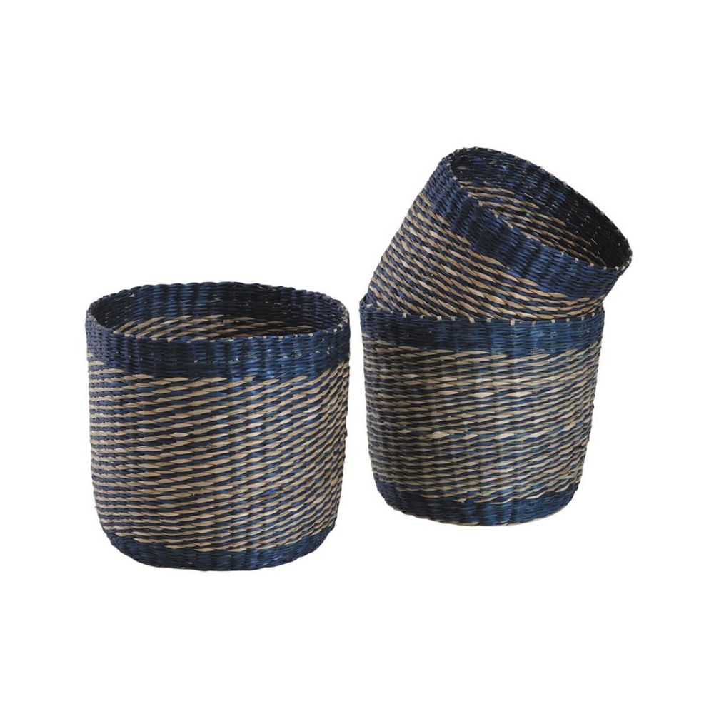 Cache-pots en jonc naturel et bleu (lot de 3)