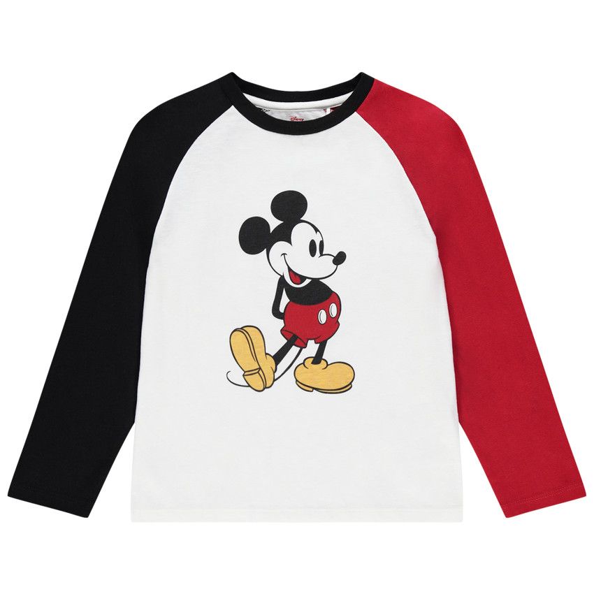 T-shirt à manches biolores print Mickey Disney pour enfant garçon - Ecru