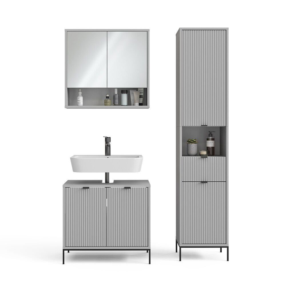 Vicco Badmöbel-Set Eliza, Grau, Badezimmer, moderne Badserie, extravagante Fronten, Waschtischunterschrank, Spiegelschrank, Hochschrank