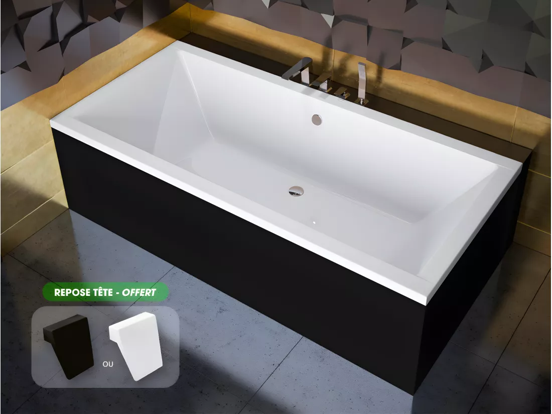 Baignoire rectangulaire - avec Tablier Noir Mat et Repose Tête OFFERT | QUADRO | 175 x 80 cm