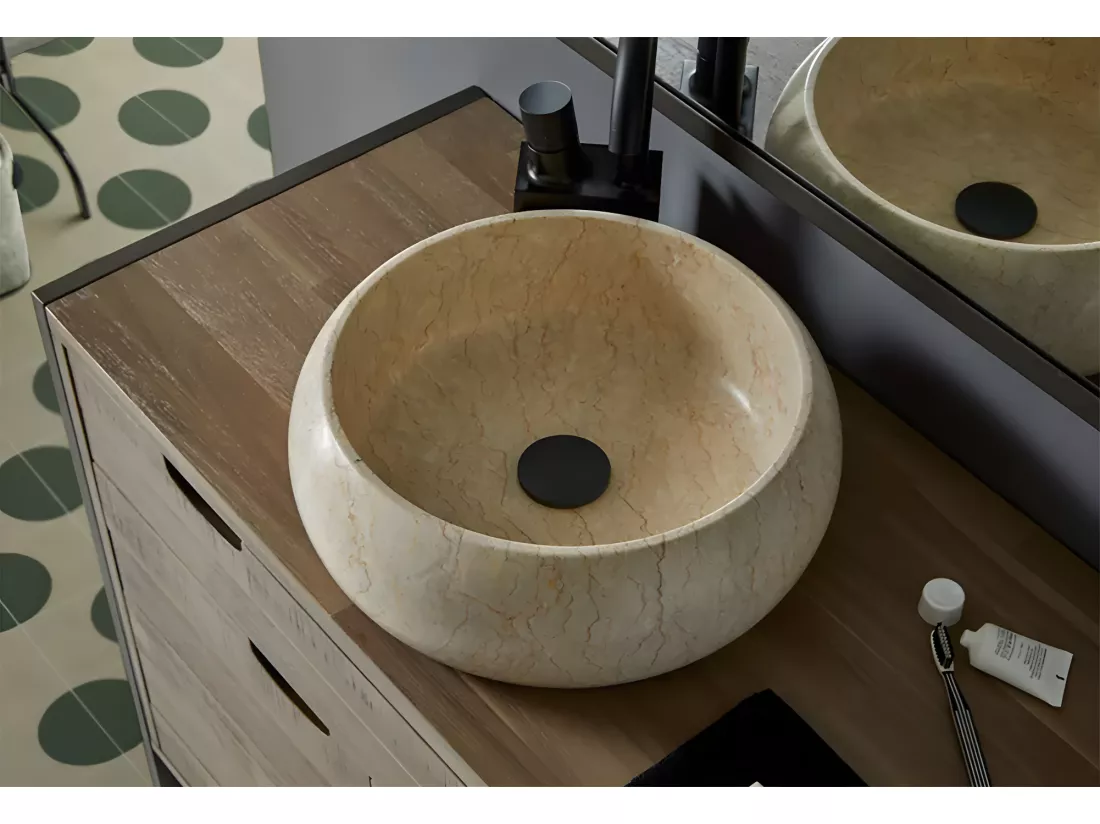 Vasque à poser / lavabo en marbre coloris beige - Diamètre 42 x Hauteur 15 cm