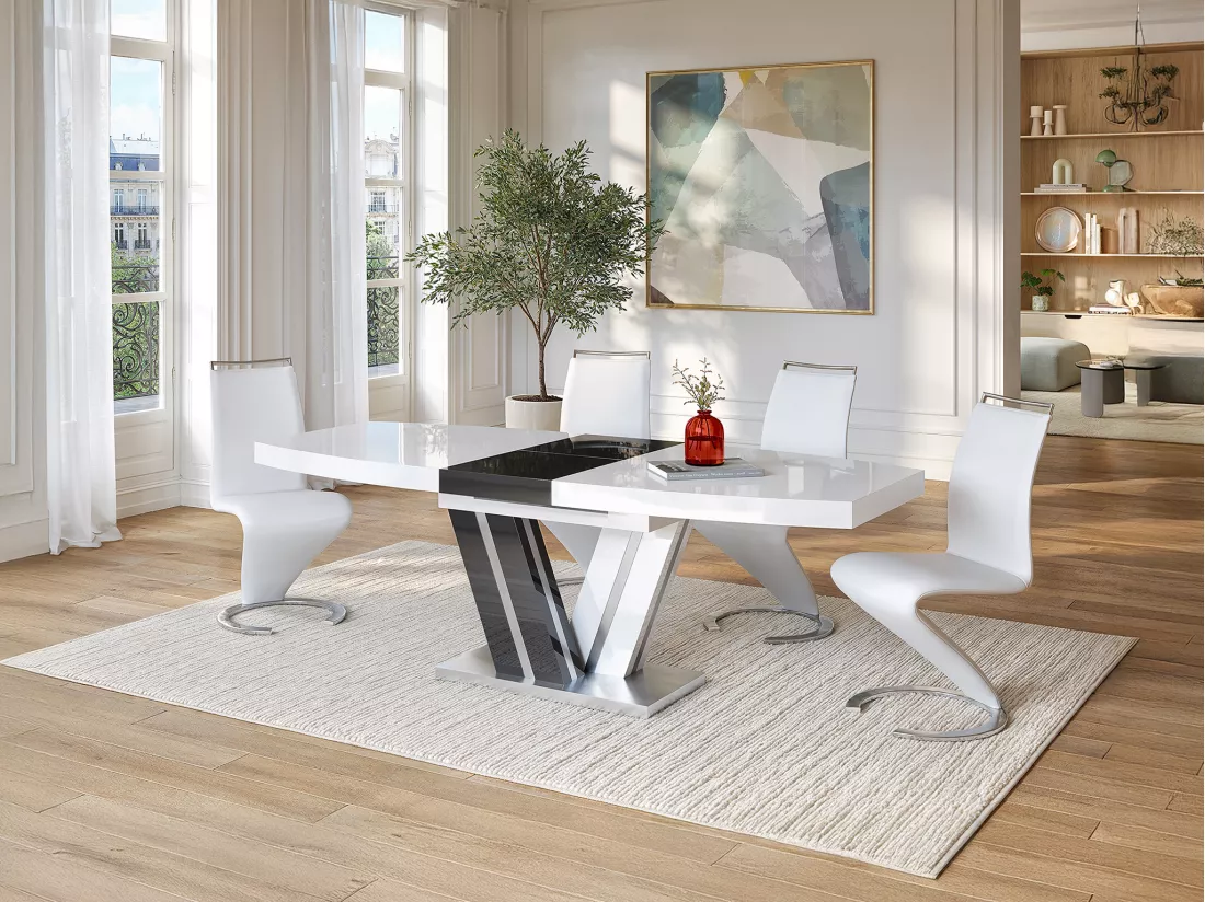 Table à manger extensible NOAMI II - 6 à 8 personnes - MDF laqué gris et blanc