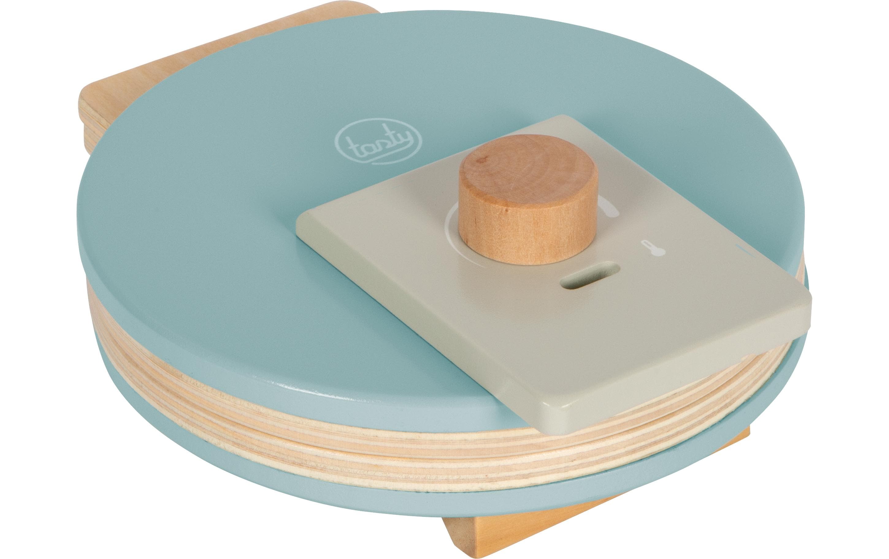 Waffeleisen-Set tastyWaffeleisen-Set in hellem Rauchblau und mit viel naturbelassenem Holz