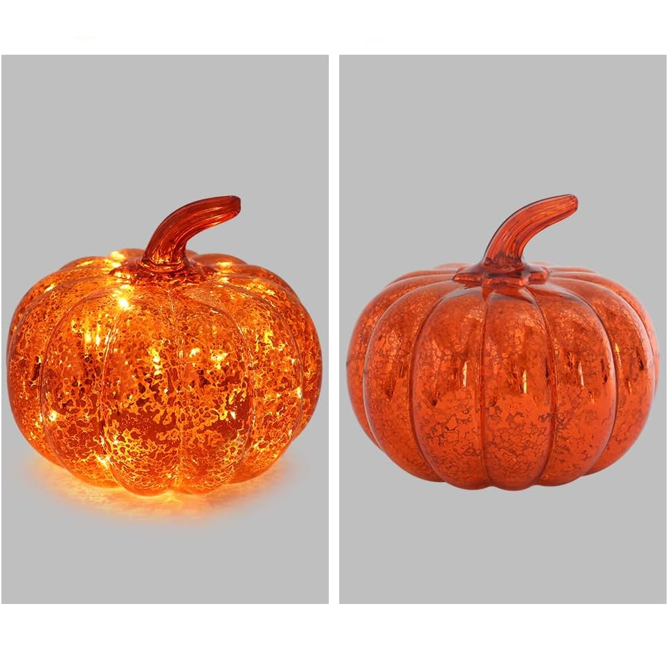 (16.3x14cm) LED Glas Kürbis Lampe Herbst Accessoire Thanksgiving Home Deko mit Beleuchtung