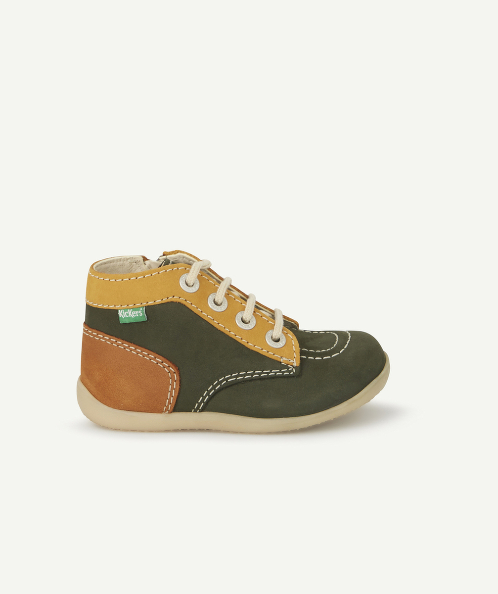 KICKERSBOTTINES BÉBÉ EN CUIR KAKI CAMEL AVEC LACET ET ZIP