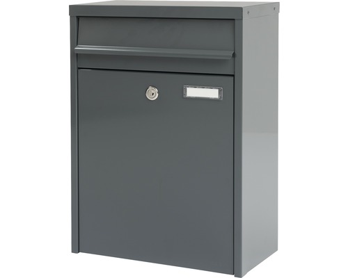 MEFA brievenbus, gepoedercoat staal, BxHxD 345/470/170 mm, Piano 350, basaltgrijs RAL 7012, zijdemat, met naamplaatje en klep