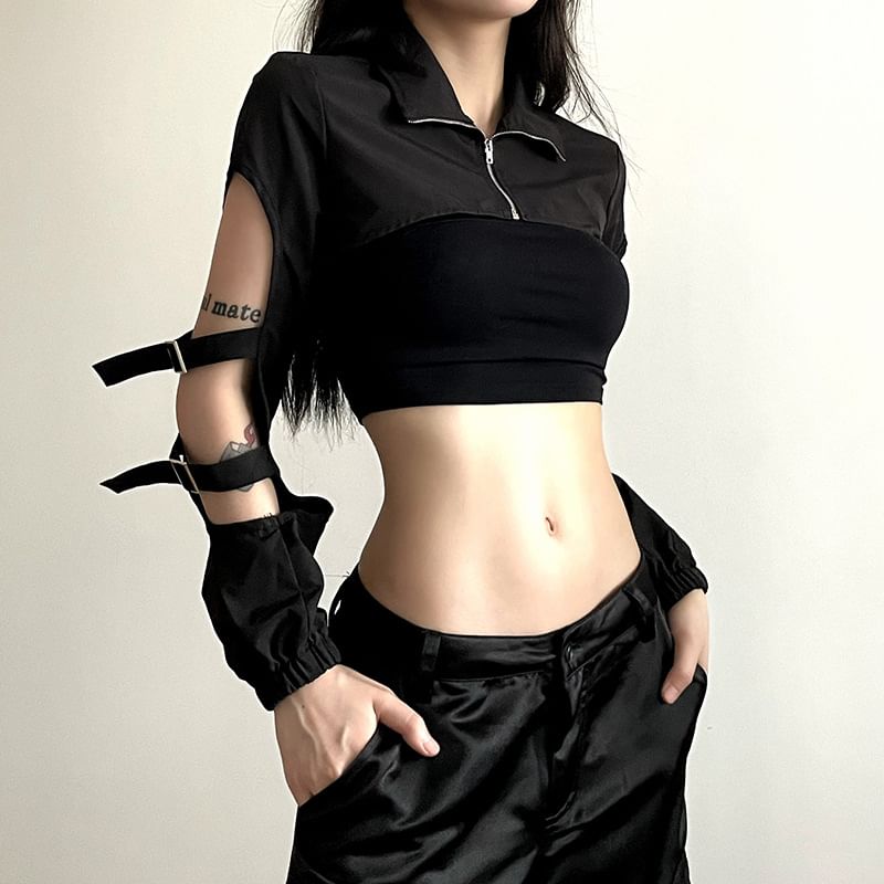 PolkaBella - Crop top met lange mouwen, gespen, hoge hals en halve rits