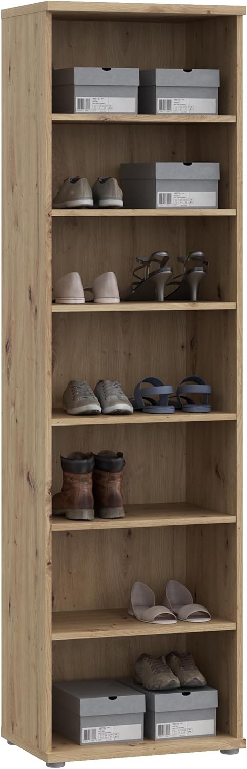 Forte NET106 Schuhschrank 50, schmaler Flurschrank mit 6 Einlegeböden und Spiegelfront, Flur, Diele, Holzwerkstoff, Artisan Eiche Holzdekor, 50,2 cm breit x 179,1 cm hoch x 34,8 cm tief
