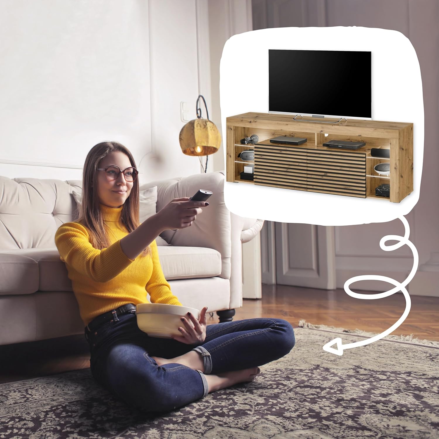 Goal 2 TV-Lowboard mit LED-Beleuchtung in Artisan Eiche Optik, Schwarz - TV Schrank mit viel Stauraum für Ihr Wohnzimmer - 179 x 67 x 44 cm (B/H/T)