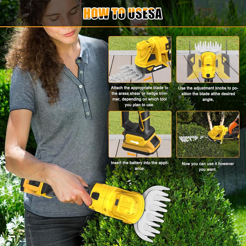 Taille-haie et cisaille à Gazon sans Fil 2 en 1, Cisaille à Gazon et Arbustes Compatible avec Dewalt 20V Batterie, Cisaille haie avec 2 Lames pour Tailler Les arbustes et l'herbe (sans Batterie) : Jardin