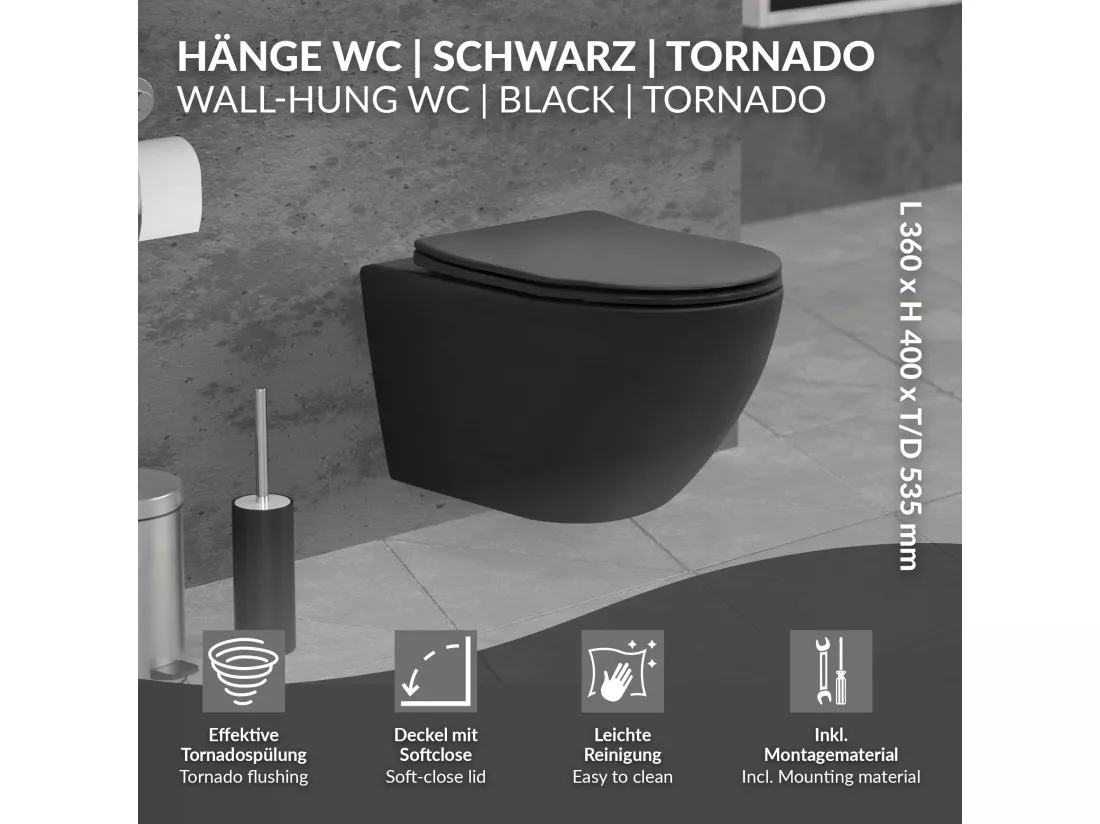 WC suspendu long chasse d'eau tornado noir mat avec siège de toilette Softclose