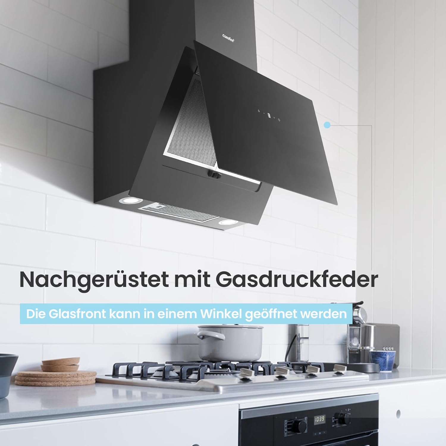 COMFEE' CH60J72ET6A3B A+++ Dunstabzugshaube 60 cm, 650m³/h Luftstrom, Kopffreihaube 60cm Umluft und Abluft, Touchscreen, Gestensteuerung, 4 Geschwindigkeiten, LED, Schwarz