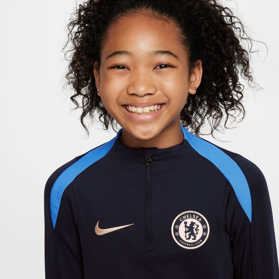 Chelsea Maillot d'Entraînement Dri-FIT Strike Drill - Bleu Foncé/Orange Enfant