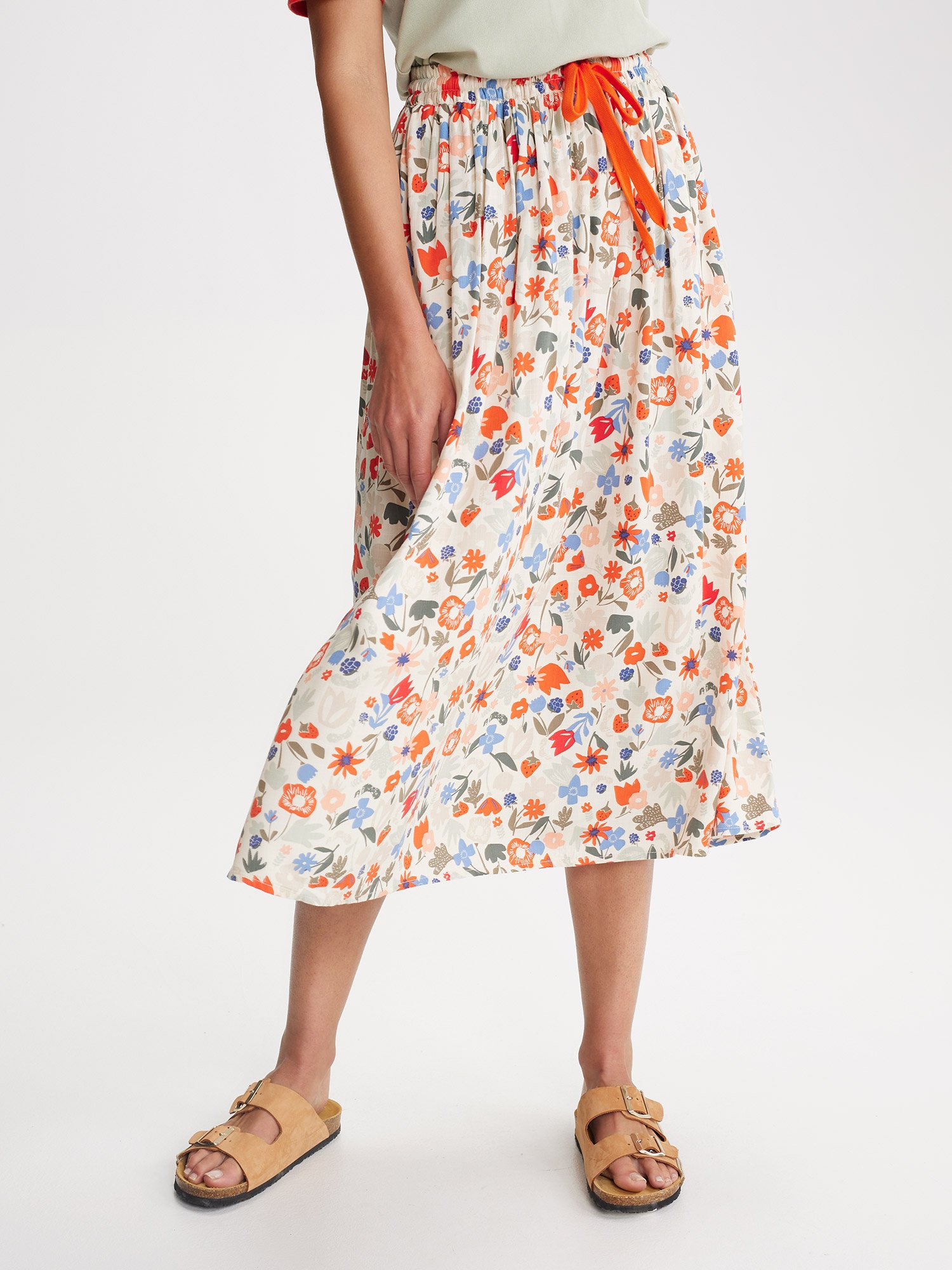 Jupe Femme Mi-Longue A Fleurs Rouge et Bleu