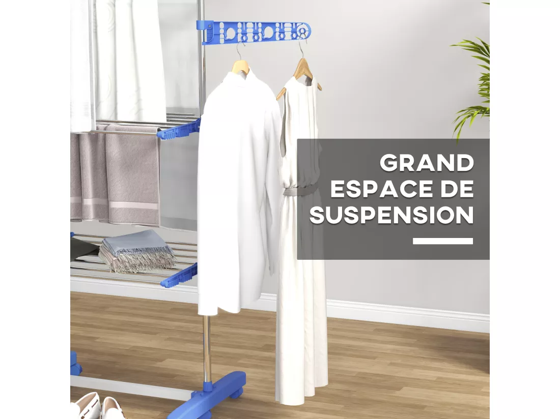 Séchoir à linge étendoir pliable ailes latérales 3 niveaux acier inox PP bleu