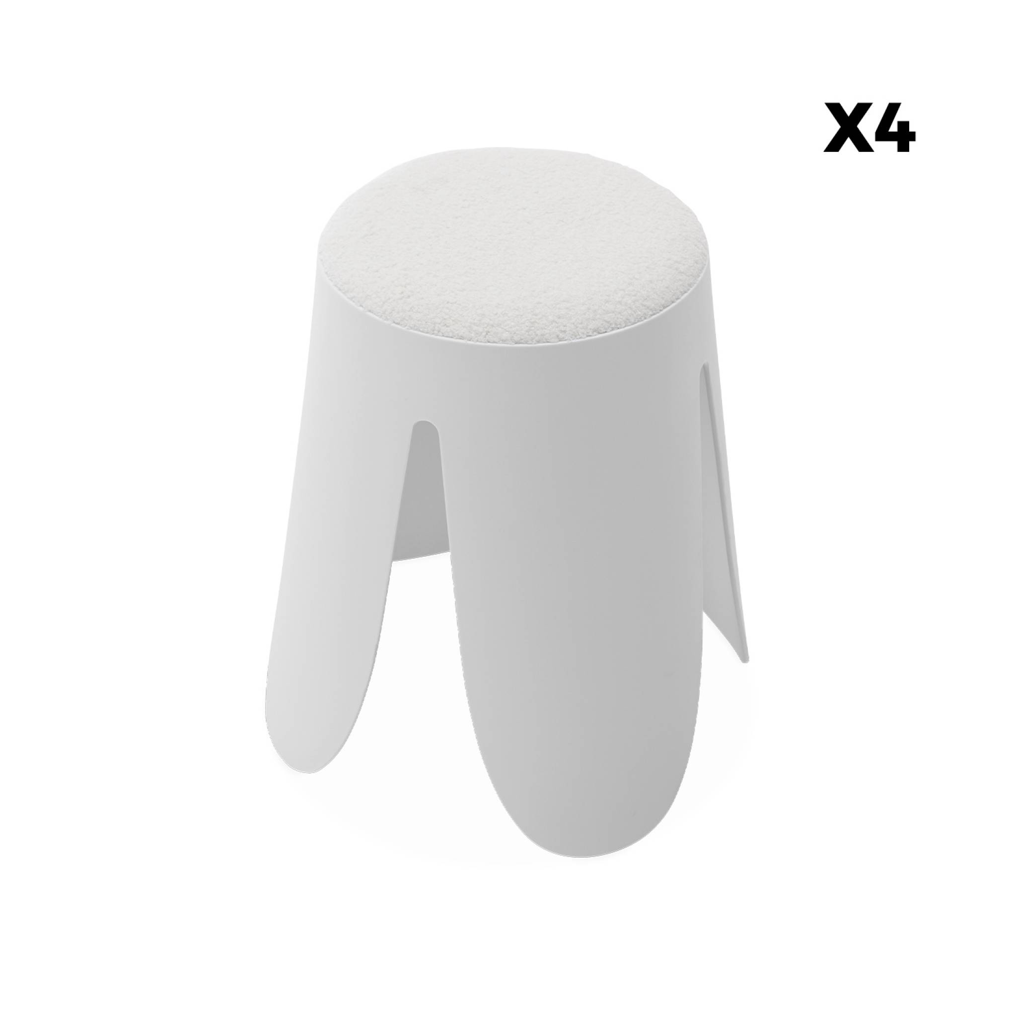 Set de 4 tabourets empilables blancs. Bouclette texturée. Niki. Ø30 / 44 x h46cm