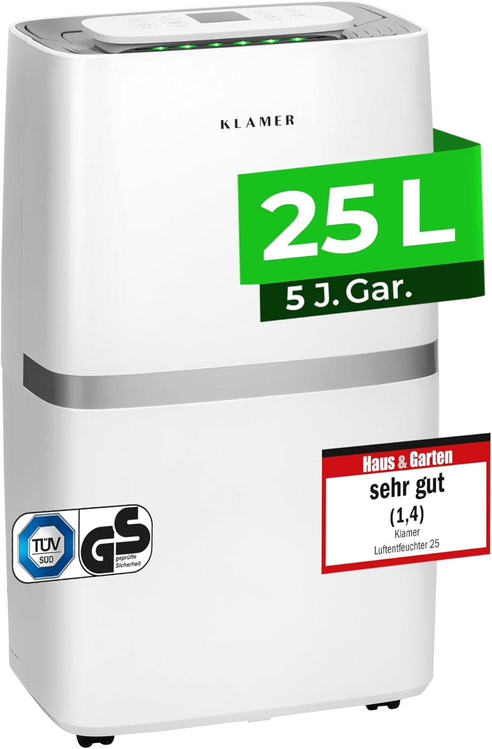 KLAMER Luftentfeuchter elektrisch 25L in 24h mit 5,5L Tank – Leiser, energieeffizienter Raumentfeuchter mit Smart Sensor, Timer & Wäschemodus – Bei Schimmel, Feuchtigkeit & Kondenswasser