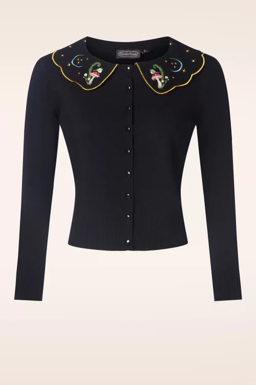 Vixen Midnight mushroom embroidery cardigan in zwart