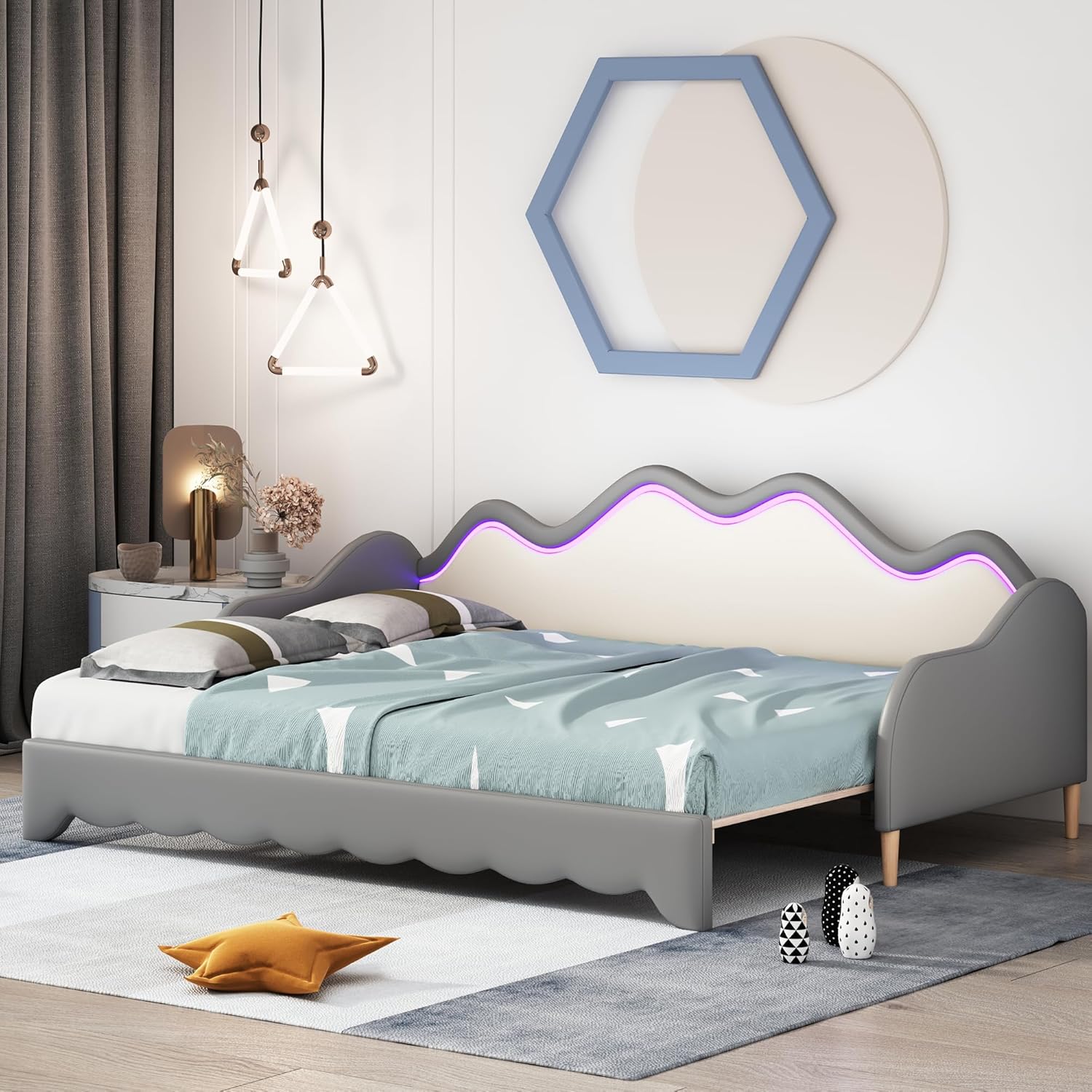 okwish Schiebebett Kinderbett Polsterbett Schlafsofas 90/180x190 cm Einzelbett/Doppelbett, Ausziehbett Jugendbett mit LED, Daybett Gästebett mit Lattenrost & Armlehnen, Kunstleder Grau(Ohne Matratze)