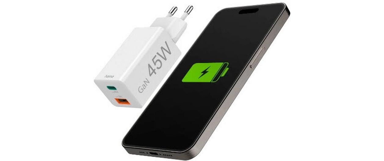 USB-Wandladegerät Gan charger USB-A USB-C 45 W WeissSchnellladegerät mit 1x USB-C und 1x USB-A