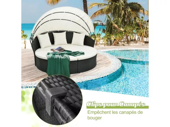 Chaise Longue à 2 Places en Rotin et fibre naturelle avec Auvent Rétractable, Bain de Soleil avec Panneaux Latéraux Pliables, Coussins d’Assise et Dossier Épais (Blanc cassé)