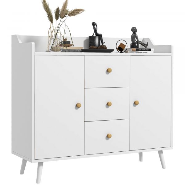 HomCom Aparador Sala de Estar Moderno com 2 Portas 3 Gavetas e Pés de Madeira de Pinho 90x32x80 cm Branco