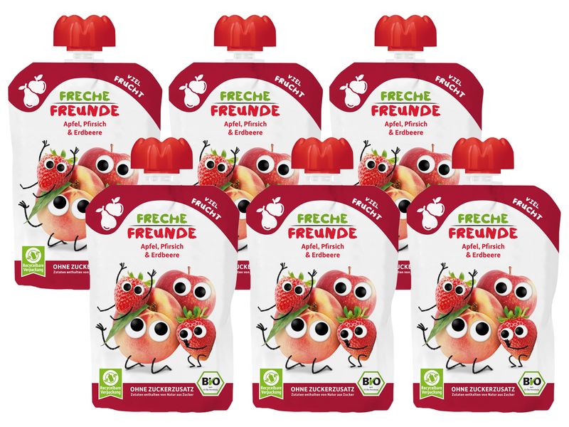 Freche Freunde Quetschbeutel Apfel, Pfirsich, Erdbeere 6x 1 Fruchtpüree für Kleinkinder