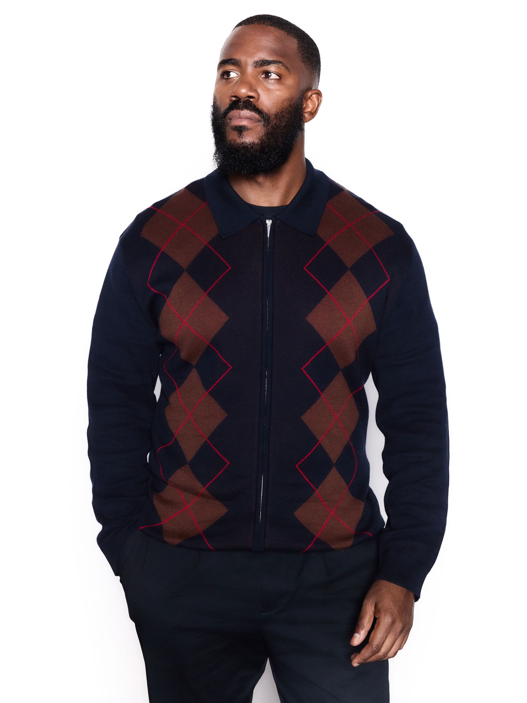 Donkerblauw - Regular Fit Argyle Pattern Collared Zip Through Cardigan