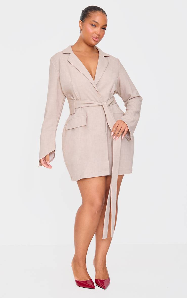 Gris Pierre Robe Blazer Tissée Avec Ceinture Grande Taille