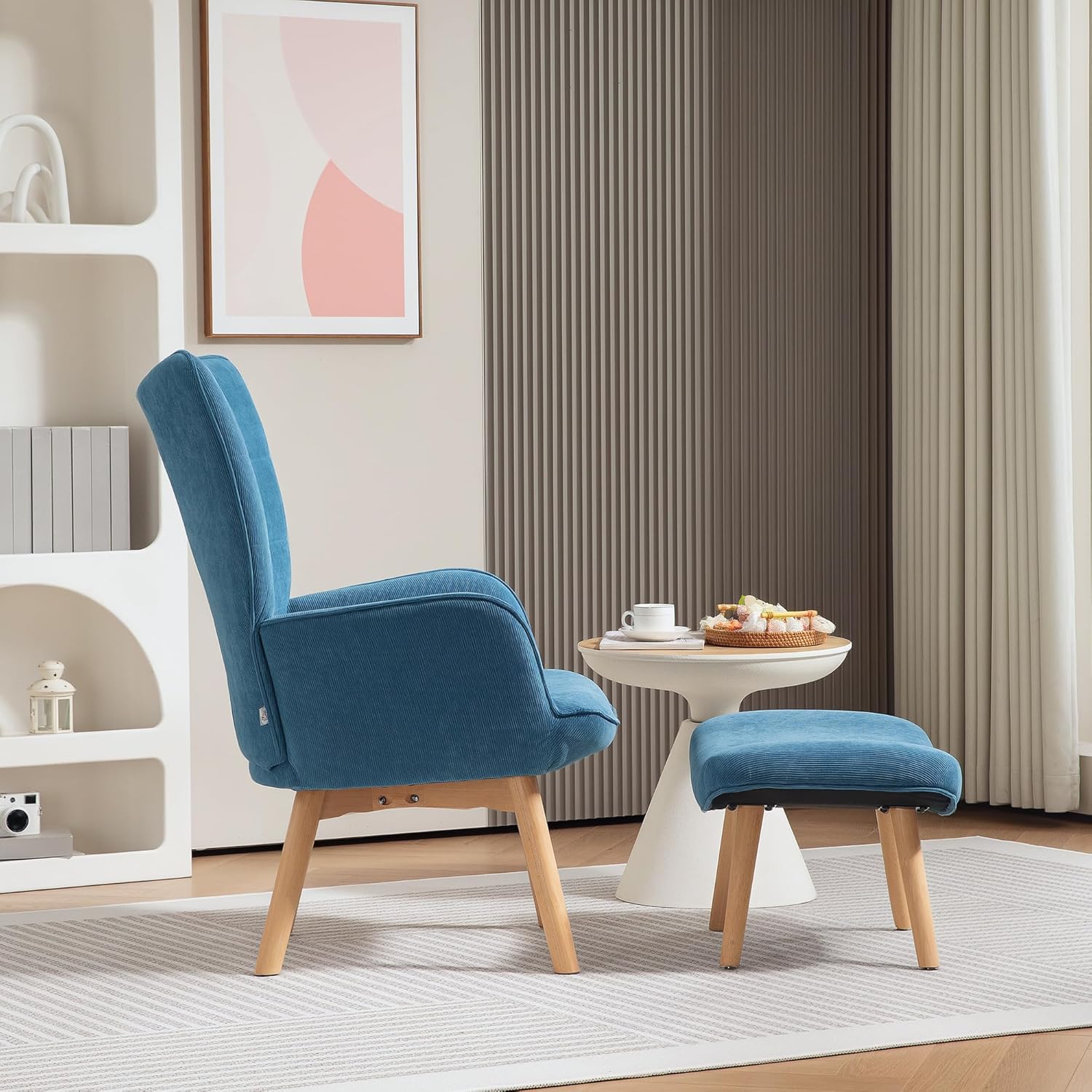 HOMCOM Ohrensessel mit Hocker Sessel Loungesessel mit Cord-Optik, Modern Relaxsessel, Armlehnensessel Lesesessel für Wohnzimmer, Schlafzimmer, Blau
