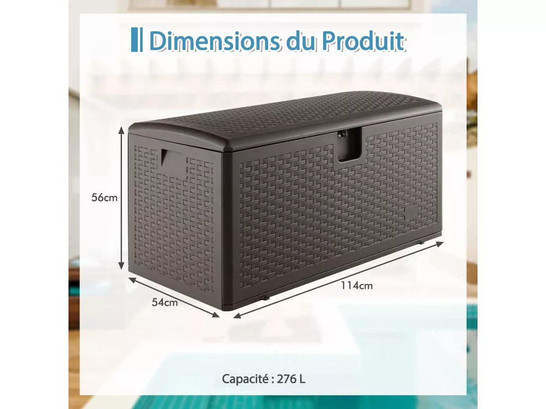 Coffre de Rangement Extérieure en HDPE 276L, Boîte de Rangement avec Couvercle Verrouillable, pour Ranger des Oreillers Outils Jouet Accessoires (114 x 54 x 56 cm)