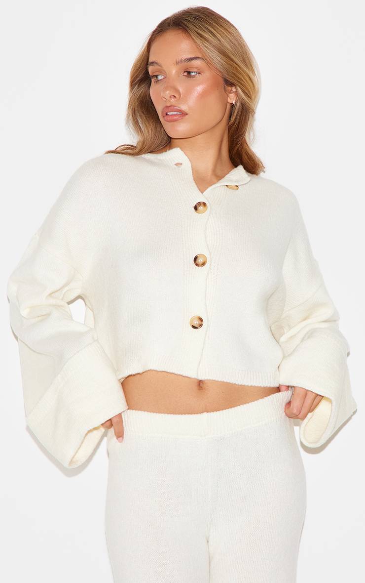 Crème Cardigan En Maille À Manches Retroussées