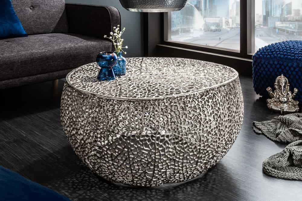 Filigraner Couchtisch LEAF 80cm silber Metall handmade Blatt-Design