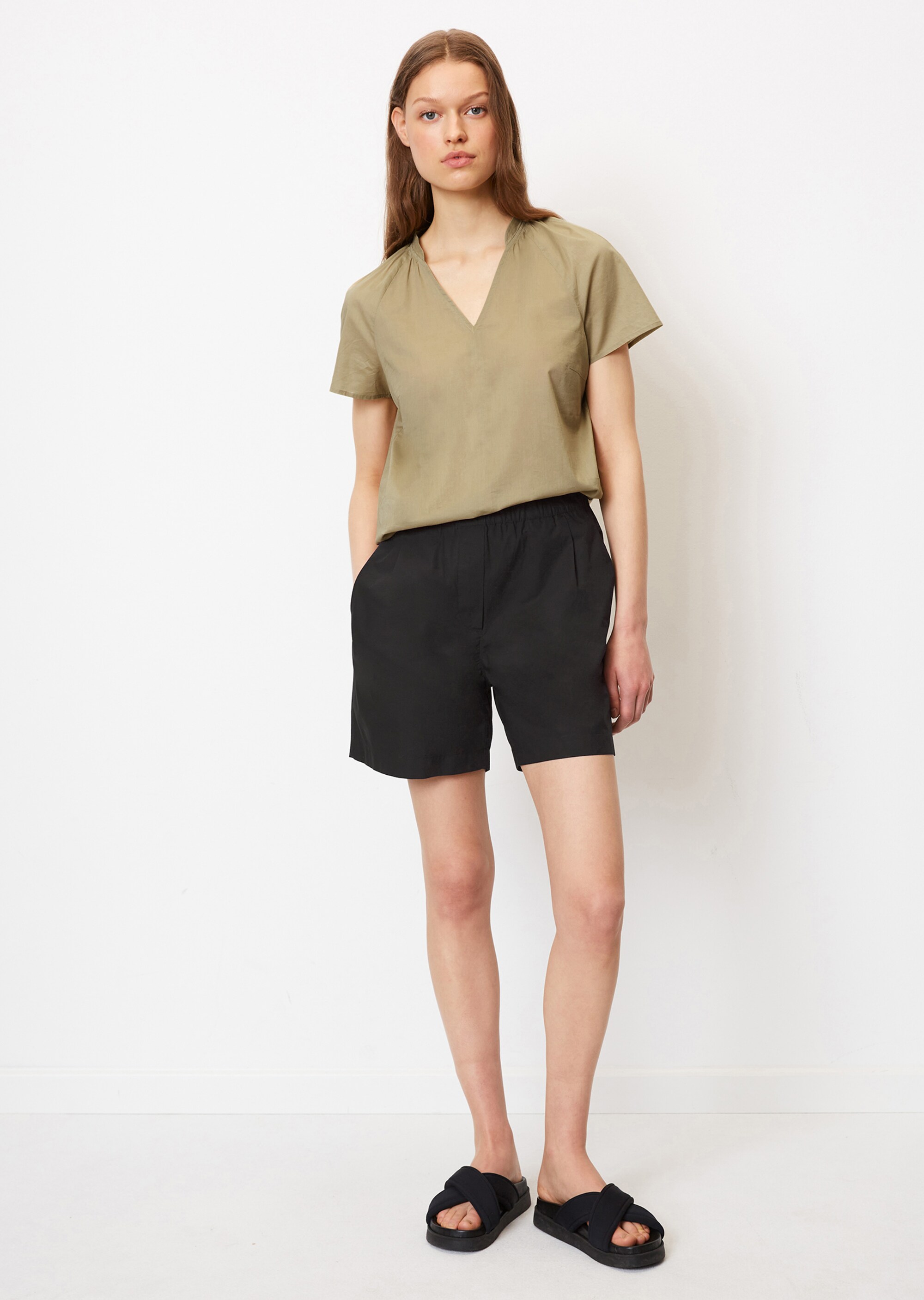 Shorts mit elastischem Gummibund aus Papertouch-Popeline