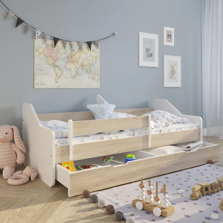 Kids Collective Kinderbett 80x160 | 80x180 cm mit Rausfallschutz & Lattenrost natur mit Schubl. und Matratze